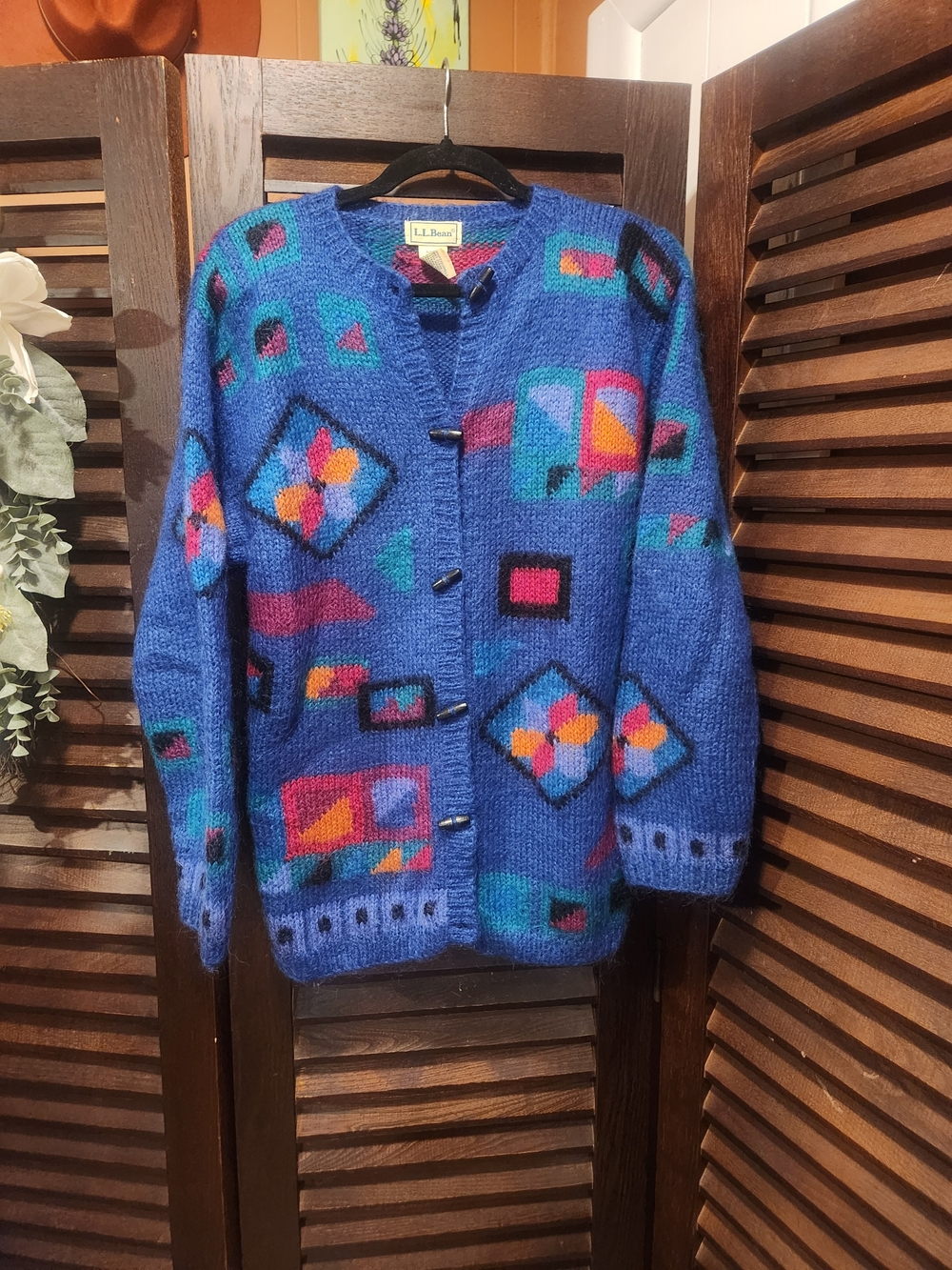 L.L. Bean Vintage Blue Geometric Button Cardigan